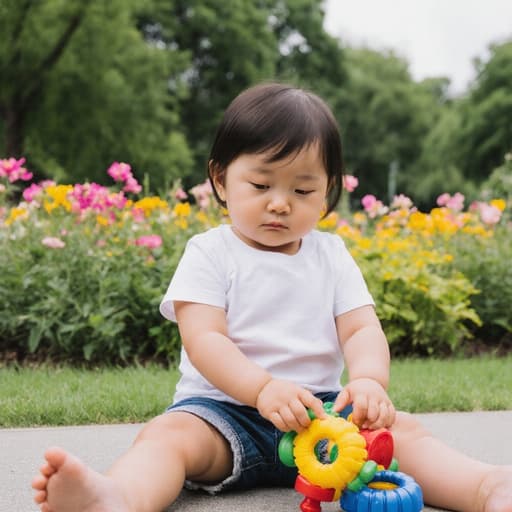 아름다운 공원에 앉아 있는 1세의 동양인 여성의 반신 사진입니다. 캐주얼한 티셔츠와 반바지를 입고 있으며, 장난감을 만지작거리며 지루한 표정을 짓고 있습니다. 배경에는 울창한 나무와 꽃들이 있어 놀기 좋으면서도 평화로운 분위기를 자아냅니다.