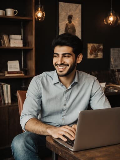 한 젊은 중동계 남성이 반신 촬영으로 묘사되어 있으며, 캐주얼한 셔츠와 청바지를 입고 있습니다. 그는 카페 테이블에 앉아 노트북을 바라보며 밝게 웃고 있으며 긍정적인 에너지를 발산하고 있습니다. 배경은 서재나 연구 공간을 연상시키는 아늑하고 따뜻한 분위기로, 책장과 부드러운 조명이 조화를 이루고 있습니다.