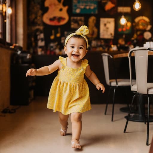 밝은 색상의 드레스와 헤어밴드를 착용한 1세 라틴계 여성 아기 소녀가 아늑한 카페 내부를 즐겁게 걷고 있는 모습의 반신 사진입니다. 음악 관련 소품들이 배치된 공간에서 그녀의 호기심 어린 눈빛이 주변을 탐색하며, 부드러운 음악이 흐르는 가운데 즐거운 분위기를 자아냅니다.