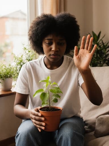 아프리카계 10대 초반 소녀의 반신 사진으로, 자연스러운 외모를 가지고 있으며 편안한 티셔츠와 청바지를 입고 있습니다. 그녀는 한 손에 작은 화분을 들고 식물의 성장 상태를 걱정스럽게 바라보고 있으며, 다른 손으로는 누군가에게 인사하듯 손을 흔드는 자세를 취하고 있습니다. 아늑한 거실 배경에는 햇살이 비치는 창가 근처에 여러 개의 식물이 놓여 있어 따뜻하고 초대하는 분위기를 더해줍니다.