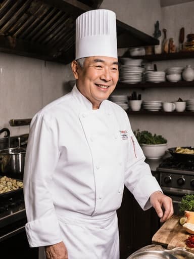 60대 동양인 남성이 흰색 요리복을 입고, 신선한 재료와 조리 도구가 가득한 주방에서 요리에 대한 사랑을 표현하며 따뜻한 미소를 짓고 있는 모습의 매력적인 이미지입니다.