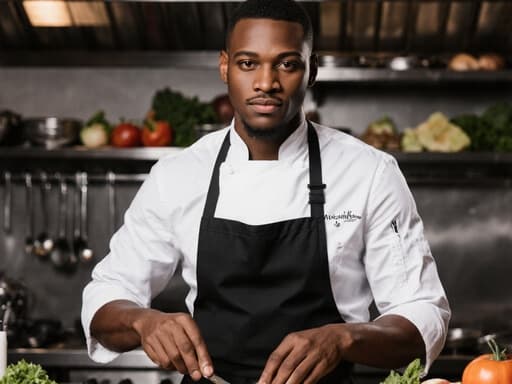 20대의 자신감 넘치는 흑인 남성 셰프가 스타일리시한 셰프 유니폼과 앞치마를 착용하고 반신 사진으로 포착되었습니다. 깔끔하게 다듬어진 머리를 가진 그는 조리 도구를 손에 쥐고, 다양한 조리 도구와 신선한 재료들로 가득한 활기찬 주방에서 요리를 준비하며 세련미와 자신감을 발산하고 있습니다.