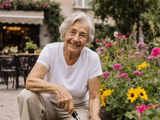 70대의 라틴계 여성이 편안한 복장을 입고 바닥에 앉아 정원 가꾸기 도구를 사용하려고 준비하는 모습이 반신 촬영으로 포착되었습니다. 배경에는 푸르른 정원과 화려한 꽃들이 가득한 야외 카페 테라스가 펼쳐져 있어 평화롭고 매력적인 분위기를 강조합니다.