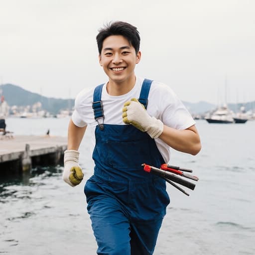 20대 아시아계 남성이 작업복과 장갑을 착용하고 정비 도구를 들고 달리는 모습이 반신 샷으로 촬영되었습니다. 그는 따뜻하게 미소 지으며, 배경에는 바다 옆의 그림 같은 어선 정비소가 펼쳐져 있어 활기차고 매력적인 분위기를 만들어냅니다.