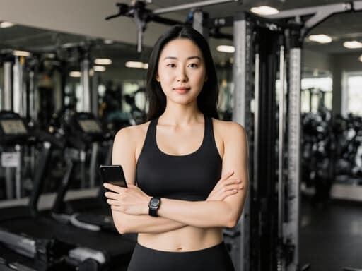 운동복과 러닝화를 입은 30대 아시아계 여성의 반신 사진. 무관심한 표정을 지으며 한 손에 전화를 들고 다른 손으로 팔짱을 낀 모습이 헬스장 내부의 운동 기구와 거울 배경 속에서 편안하면서도 활동적인 분위기를 전달합니다.