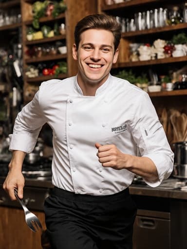 20대 유럽계 남성 요리사가 흰색 조리복과 검은색 앞치마를 입고 조리기구를 들고 즐거운 미소를 지으며 활기차게 조리대 쪽으로 달려가고 있는 모습. 다양한 식재료가 잘 정리된 활기찬 주방이 요리의 창의적인 분위기를 자아냅니다.