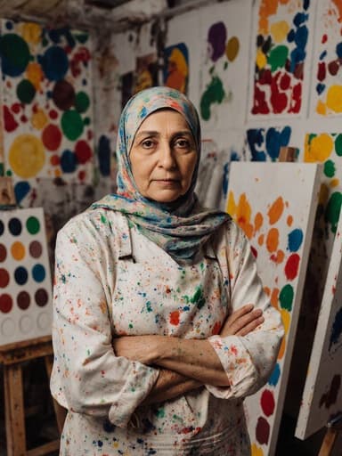 50대 중동계 여성이 화가의 작업복을 입고 페인트 얼룩이 묻은 채로 서 있는 전신 샷입니다. 그녀는 팔짱을 끼고 차가운 표정을 지으며 색채 혼합을 고민하고 있습니다. 배경에는 다양한 색상의 물감이 진열된 화실 내부와 여러 개의 캔버스가 놓여 있어 영감을 주고 창의적인 분위기를 만들어냅니다.