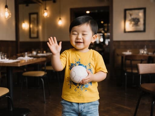 1살 한국인 남성의 반신 사진으로, 귀여운 외모를 가진 아이가 밝은 색상의 티셔츠와 편안한 반바지를 입고 있습니다. 그는 작은 공을 들고 졸린 표정으로 인사하는 자세를 취하고 있으며, 눈은 반쯤 감겨 있습니다. 배경은 아늑한 카페 내부로, 따뜻한 조명 아래 테이블과 의자가 배치되어 있어 이 장면의 매력을 더욱 돋보이게 합니다.