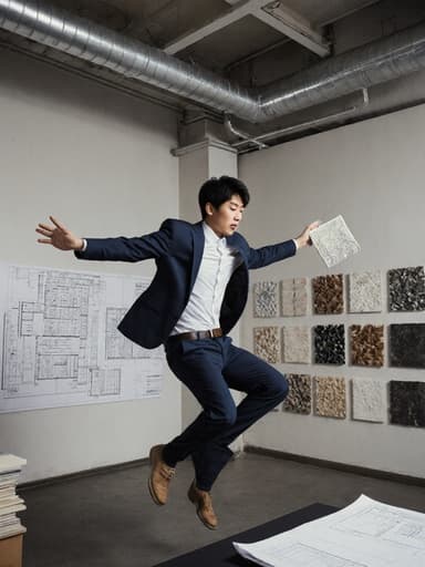 20대 아시아계 남성 건축가가 스마트 캐주얼 의상을 입고 건축 자재 샘플을 들고 점프하며 집중한 표정을 짓고 있는 모습이 현대적인 설계실에서 설계 도면과 자재들로 둘러싸여 생동감과 창의력을 잘 보여주고 있습니다.