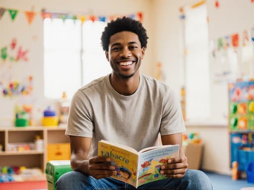 30대 혼혈 남성이 행복한 표정으로 앉아 유아 교육용 책을 들고 있는 반신 샷. 편안한 티셔츠와 청바지를 입고 있으며, 배경에는 밝고 아기자기한 유아 학습실이 있어 즐거운 분위기를 연출합니다.