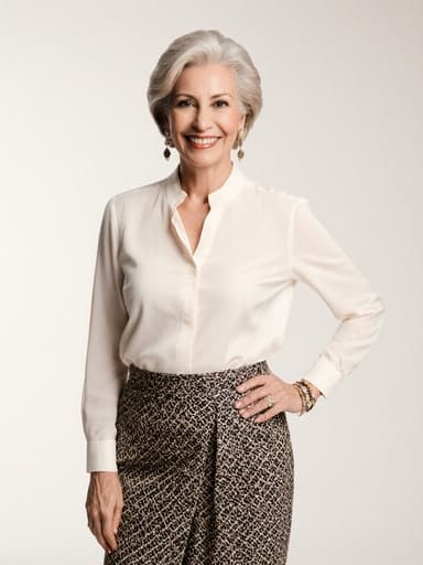 자신감 넘치는 50대 중동계 여성이 세련된 블라우스와 패턴이 있는 스커트를 입고, 따뜻한 미소와 강한 눈빛을 지으며 자연스럽게 포즈를 취하고 있는 전체 신체 샷입니다. 한 손은 허리에, 다른 손은 옷자락을 잡고 있으며, 부드러운 조명이 비추는 깔끔한 스튜디오 배경에서 그녀의 우아함을 강조합니다.