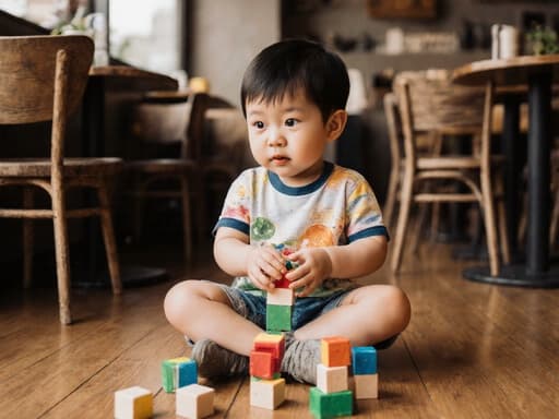 따뜻한 카페에 앉아 있는 귀여운 3세 아시아계 남성의 반신 사진. 편안한 티셔츠와 반바지를 입고 블록을 쥐고 배고픈 표정을 지으며 블록 쌓기에 집중하고 있습니다. 나무 테이블과 의자가 있는 아늑한 배경이 놀이 분위기를 더해줍니다.
