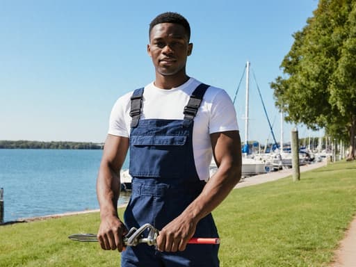 10대 후반의 흑인 남성이 어선 정비를 위한 작업복을 입고, 도구를 사용하기 전에 우아한 자세로 스트레칭하고 있는 모습을 담은 반신 촬영입니다. 평화로운 해양 공원의 배경 속에서 바다와 푸른 나무, 잔디가 어우러져 전체적인 차분하고 자신감 넘치는 분위기를 강조합니다.