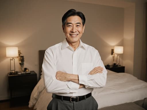 50대 한국인 남성이 반신 샷으로 포착되었습니다. 그는 모던한 스타일의 셔츠와 팬츠를 착용하고 있으며, 자연스러운 미소를 지으며 손을 가슴에 가볍게 올려 자신감을 표현하고 있습니다. 배경은 부드러운 조명이 있는 세련된 인테리어의 침실로, 아늑하고 초대하는 느낌을 더해 줍니다.