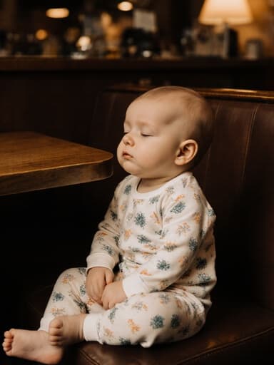 1세의 유럽계 남성 아기가 부드러운 파자마를 입고 아늑한 카페에서 무릎 위에 팔을 얹고 다리를 꼬고 앉아 있으며, 지루한 표정으로 눈을 감고 있는 모습이 따뜻한 조명 속에서 포착되었습니다.