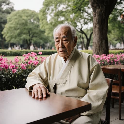 이 이미지는 전통 한복을 입고 있는 70대 동양인 남성이 평화로운 공원 배경에서 깊은 생각에 잠긴 모습입니다.