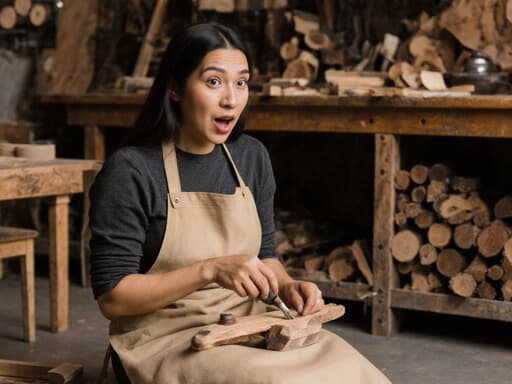놀란 표정을 짓고 있는 30대 라틴계 여성이 작업용 앞치마를 입고 목공 도구를 들고 카페 바닥에 앉아 있으며, 목공 작업실처럼 꾸며진 아늑한 카페의 나무 가구와 다양한 목재가 주위를 둘러싸고 있어 그녀의 작업에 몰두하고 있는 모습을 보여줍니다.