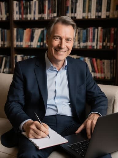 40대 백인 연구자가 소파에 앉아 밝게 웃으며 노트북을 사용하고 있는 반신 사진. 그는 단정한 셔츠와 바지, 편안한 느낌의 블레이저를 착용하고 있으며, 아름답게 정리된 도서관의 책장 앞에서 메모를 하고 있습니다. 다양한 책들이 배경에 놓여 있어 학문적인 분위기를 잘 나타냅니다.