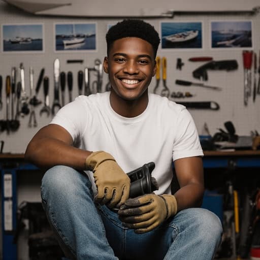 10대 후반의 아프리카계 남성이 어선 정비 도구로 가득한 작업장에서 자신감 있게 미소를 지으며 앉아 있습니다. 그는 편안한 청바지와 티셔츠를 입고 작업 장갑을 끼고 있으며, 손에는 어선 부품을 들고 있습니다. 배경에는 정리된 도구와 어선 사진이 있어 활기차고 매력적인 해양 분위기를 만들어냅니다.