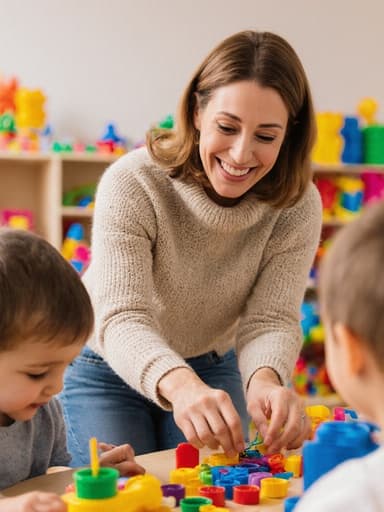 40대 백인 여성이 편안한 스웨터와 청바지를 착용하고, 장난감과 학습 도구가 가득한 놀이방에서 아이들과 함께 즐거운 표정으로 장난감을 정리하는 모습이 반신 촬영으로 담겨 있습니다. 그녀의 미소는 따뜻한 분위기를 더욱 돋보이게 합니다.