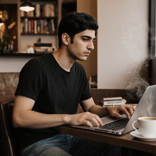 이미지는 10대 후반의 중동계 남성이 아늑한 카페에서 집중하는 모습을 담고 있습니다. 그는 편안한 티셔츠와 청바지를 입고 있으며, 노트북 키보드를 가볍게 두드리며 공부하고 있는 모습이 커피잔과 책들이 있는 테이블 위에서 따뜻하고 초대하는 분위기를 만들어냅니다.