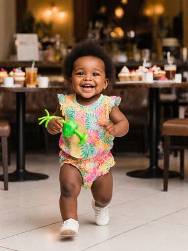 밝은 색상의 귀여운 의상을 입고 신나게 뛰어가는 1세의 아프리카계 여성 아기가 이 닦는 장난감을 들고 있는 전신 사진. 다양한 음료와 디저트가 놓인 아늑한 카페 내부를 배경으로 하여 활기차고 따뜻한 순간을 담고 있습니다.