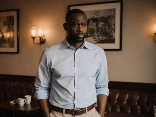 40대 아프리카계 남성이 아늑한 카페에서 편안한 캐주얼 복장을 입고 서 있습니다. 긴장한 표정으로 상담을 준비하며 손은 가벼운 주머니에 넣고 있습니다. 주변의 따뜻한 카페 분위기가 그를 감싸고 있습니다.