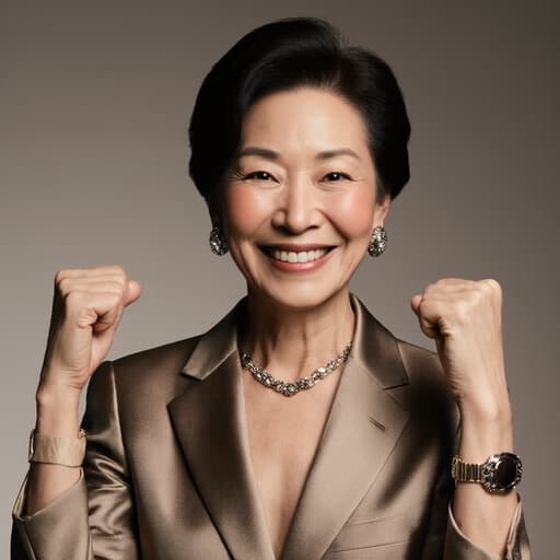 50대 동양인 여성의 반신 촬영으로, 세련된 의상과 화려한 액세서리를 착용하고 있으며, 고급스러운 스튜디오 배경에서 행복하게 미소 지으며 자신감 있는 자세를 취하고 있습니다.