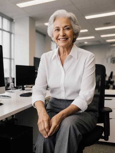 60대 혼혈 여성이 비즈니스 캐주얼 의상을 입고 현대적인 오피스에서 신발을 착용하며 친근한 미소를 지으며 앉아 있습니다. 배경의 세련된 사무 환경이 전문적인 분위기를 강조합니다.
