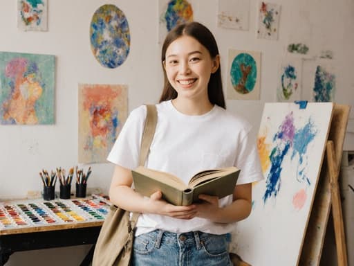 10대 초반의 백인 소녀가 반신 촬영으로 포착되어 자연스러운 미소를 지으며 아트북을 들고 편안한 티셔츠와 청바지를 입고 있습니다. 그녀 주위의 창작 공간은 벽에 걸린 다양한 그림과 작업대 위에 놓인 미술 용품들로 가득 차 있어 그녀의 예술적 영혼을 반영하는 활기찬 분위기를 만들어냅니다.