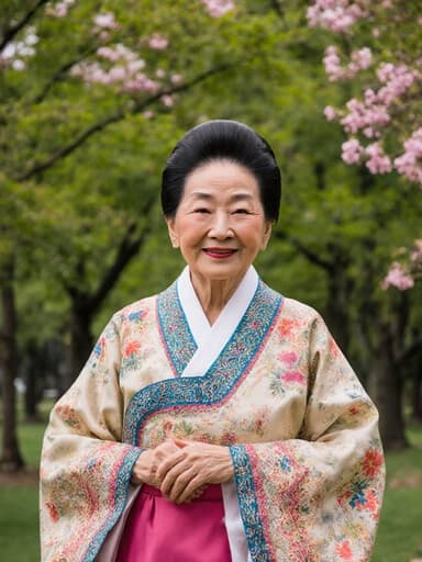 70대 아시아계 여성이 화려한 전통 한복을 입고, 푸르른 나무와 꽃들로 가득한 공원에서 기념하는 듯 가벼운 점프를 하고 있는 모습으로, 평온하고 행복한 감정을 표현하고 있습니다.