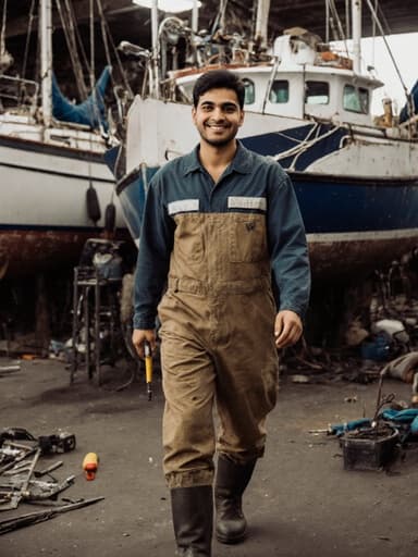 20대 중동계 남성이 자연스러운 외모로 작업복과 안전화를 착용하고, 도구를 들고 어선 정비소에서 걷고 있는 모습의 전체 신체 샷. 미소를 띠며, 장비가 배치된 작업 공간에서 어선 수리 주제를 보여줍니다.