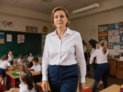 40대 유럽계 여성의 반신 사진으로, 교사 복장을 하고 있으며, 아이들이 노는 아늑한 교실을 걸어가면서 피곤한 표정을 짓고 있습니다. 그녀의 자연스러운 아름다움과 보살피는 태도가 따뜻한 분위기를 자아냅니다.