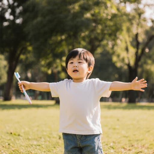 귀여운 3세 한국인 남성이 졸린 표정을 지으며 칫솔을 한 손에 들고 양팔을 쭉 뻗고 있는 모습입니다. 편안한 티셔츠와 반바지를 입고 있으며, 따뜻한 햇살이 비치는 공원의 배경에서 즐거운 분위기를 만들어냅니다.