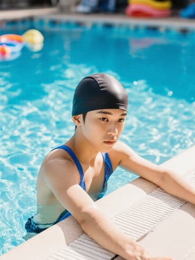 10대 초반의 동양인 남성이 수영복과 수영 모자를 착용하고, 무관심한 표정으로 수영장 사이드에서 팔을 스트레칭하는 모습의 반신 사진입니다. 주변에는 다양한 수영 기구가 놓여 있으며, 편안하고 여유로운 분위기를 전달합니다.