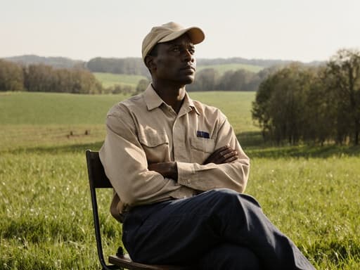 40대 흑인 남성이 자연스러운 외모를 가진 채 작업복을 입고 의자에 편안하게 앉아 팔짱을 낀 모습의 반신 사진입니다. 그는 지루한 표정으로 먼 곳을 바라보고 있으며, 푸르고 나무가 우거진 농장 풍경을 배경으로 하고 있어 차분하면서도 사색적인 분위기를 자아냅니다.