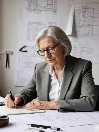 50대 유럽계 여성의 반신 사진으로, 자연스러운 외모를 가진 그녀는 편안한 작업복과 안경을 착용하고 있습니다. 그녀는 노트에 글을 쓰며 깊은 생각에 잠겨 있으며, 다양한 건축 도면과 도구들이 정돈된 설계실에 둘러싸여 있습니다. 전체적인 분위기는 고민과 창의력을 전달하며, 그녀가 자신의 작업에 몰두하는 모습을 강조합니다.