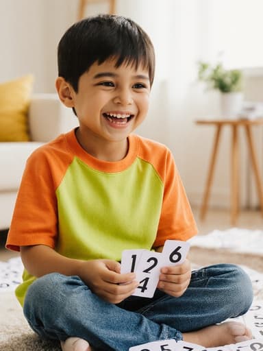 밝고 아늑한 거실에 앉아 있는 7세 남성 라틴계 어린이로, 밝은 색의 티셔츠와 청바지를 입고 귀여운 미소를 지으며 작은 숫자 카드를 들고 있습니다. 주변에는 숫자 카드들이 흩어져 있어 활기차고 놀이 같은 분위기를 연출합니다.