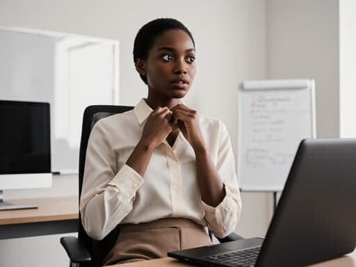 20대 아프리카계 여성의 반신 이미지로, 세련된 블라우스와 슬랙스를 착용하고 있으며, 현대적인 사무실 책상 앞에서 자신의 블라우스를 확인하는 놀란 표정을 짓고 있습니다. 배경에는 책상, 컴퓨터, 회의용 화이트보드가 있는 현대적인 사무실 환경이 조성되어 있습니다.