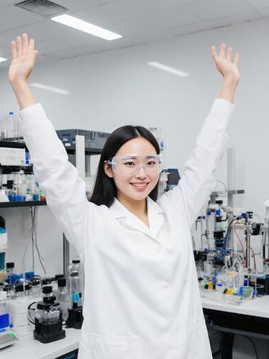 10대 후반의 한국 여성이 깔끔한 실험복과 안전 안경을 착용하고, 현대적인 연구 장비 옆에서 자신감 있는 자세로 팔을 위로 쭉 뻗으며 매력적인 미소를 짓고 있습니다. 최신 과학 도구로 가득한 현대 연구 센터의 분위기를 잘 전달하고 있습니다.