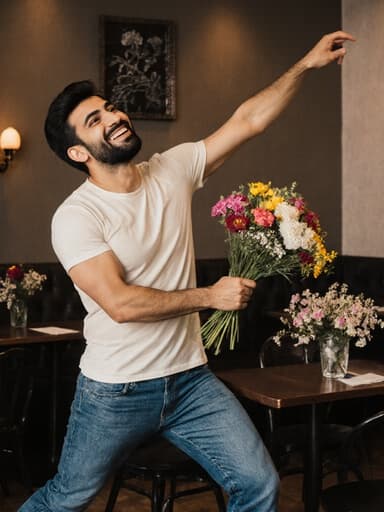 30대 중동계 남성이 편안한 티셔츠와 청바지를 입고 꽃다발을 들고 즐겁게 스트레칭하는 모습이 아늑한 카페 배경, 꽃 장식이 있는 테이블과 함께 따뜻하고 초대하는 분위기를 자아냅니다.