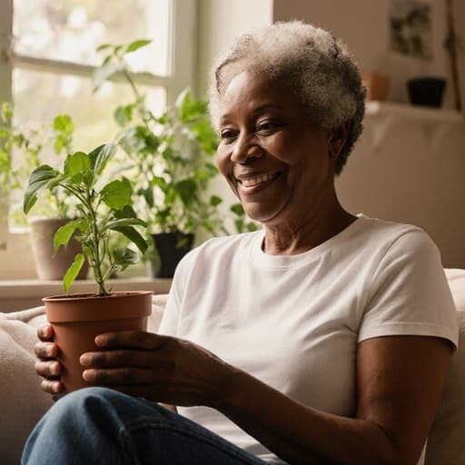 50대의 활기찬 흑인 여성이 편안한 티셔츠와 청바지를 입고, 손에 작은 화분을 들고 미소 짓고 있는 반신 사진입니다. 배경의 아늑한 거실은 햇살이 비추는 창문과 잘 자라고 있는 식물들로 가득 차 있어, 그녀의 정원 가꾸기에 대한 사랑을 잘 표현하고 있습니다.