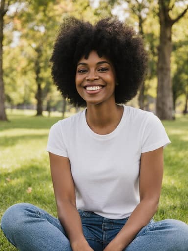 자신감 넘치는 30대 흑인 여성의 반신 사진입니다. 그녀는 아름다운 공원의 푸른 잔디 위에 크로스 레그로 앉아 있으며, 편안한 티셔츠와 청바지를 착용하고 있습니다. 따뜻한 미소를 지으며 무릎 위에 손을 올리고 자신감을 드러내고 있습니다. 배경에는 생기 넘치는 나무와 잔디가 있어, 그녀의 편안한 자세와 즐거운 분위기를 강조합니다.