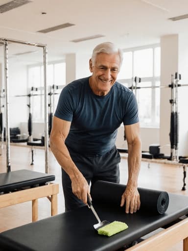운동실에서 필라테스 매트를 청소하고 있는 60대 유럽계 남성의 전신 사진. 그는 자연스러운 외모를 가지고 있으며 편안한 운동복을 입고 밝고 활기찬 표정을 지으며 청소하는 모습입니다.