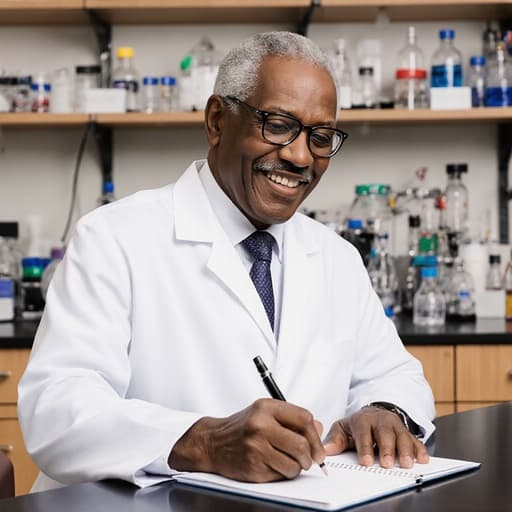 실험실의 다양한 실험 장비와 화학물질이 배치된 환경에서, 화이트 코트와 안경을 착용한 60대 아프리카계 남성이 친근한 미소를 지으며 노트에 깊은 집중을 하고 있는 모습의 반신 사진.