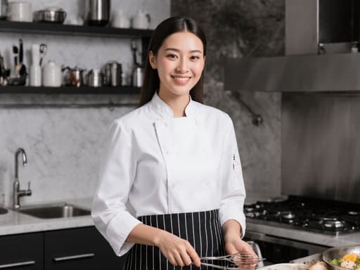 깔끔한 흰색 조리복과 검정색 앞치마를 입은 10대 후반의 유럽계 여성, 요리 도구를 손에 쥐고 자신감 있는 미소를 지으며 현대적인 주방 배경에서 촬영된 모습.