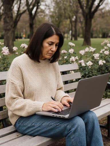 40대 혼혈 여성이 편안한 니트 스웨터와 청바지를 입고 아늑한 공원 벤치에 앉아 있습니다. 그녀는 긴장한 표정으로 노트북에 글을 쓰고 있으며, 주변의 나무와 꽃들이 평화로운 분위기를 만들어냅니다.