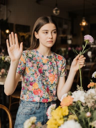10대 초반의 유럽계 소녀가 꽃무늬 티셔츠와 청바지를 입고 반신 촬영된 모습입니다. 그녀는 한 손에 꽃을 들고 다른 손으로는 인사하는 듯한 자세를 취하며 고민하는 표정을 짓고 있습니다. 배경은 아늑한 카페 내부로, 다양한 꽃들이 놓인 테이블이 매력적인 분위기를 만들어냅니다.