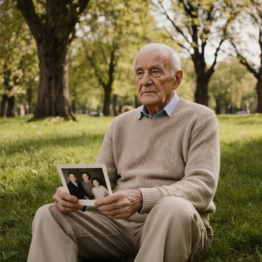 푸른 잔디 위에 앉아 있는 80대 유럽계 남성의 반신 사진으로, 니트 스웨터와 면바지를 착용하고 있습니다. 그의 외로운 표정은 가족 사진을 들고 있는 모습과 함께 그리움의 감정을 전달하며, 고요한 공원 환경 속에서 촬영되었습니다.