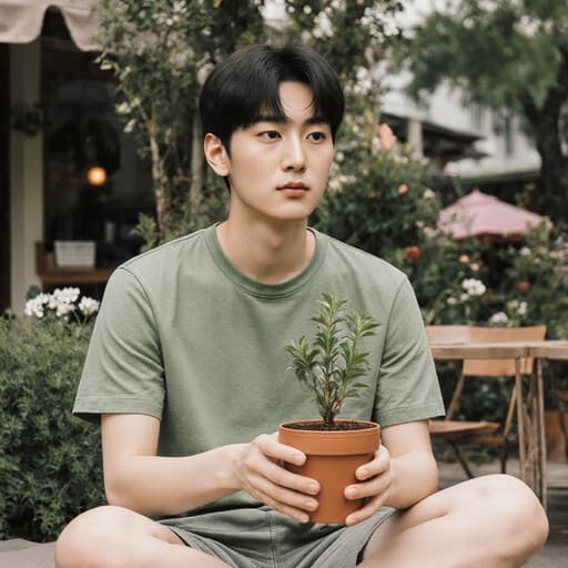 초반 10대 한국 남성이 아름다운 정원에 앉아 작은 화분을 들고 있습니다. 그는 편안한 티셔츠와 반바지를 입고 있으며, 차분한 표정을 짓고 있습니다. 배경에는 아늑한 카페가 아름다운 정원과 조화를 이루며 평화로운 분위기를 자아냅니다.